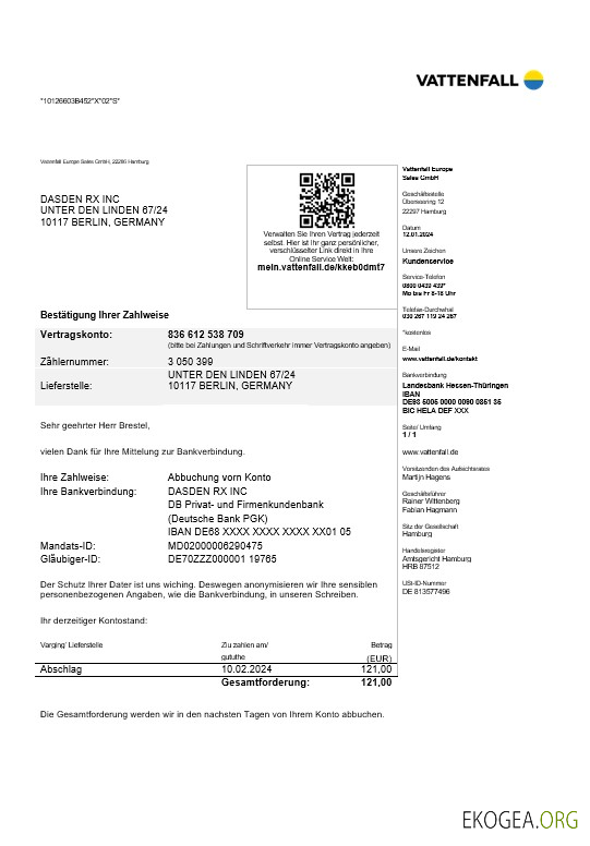 Modèle de facture de services publics d'entreprise TVATENFALL Allemagne aux formats Word et PDF